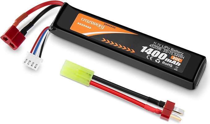Crazepony Airsoft Battery 11.1V 1400mAh 30C Rechargeable LiPo with T Plug (Deans) to Mini Tamiya Cable