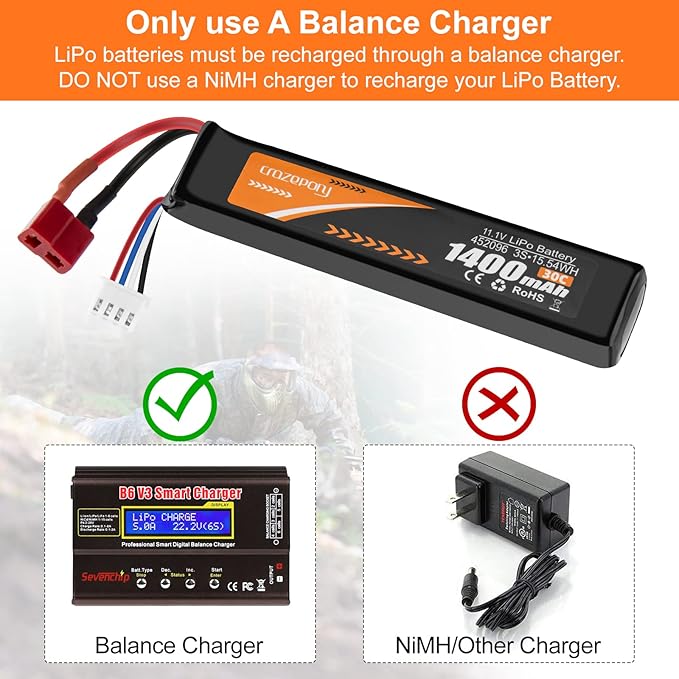 Crazepony Airsoft Battery 11.1V 1400mAh 30C Rechargeable LiPo with T Plug (Deans) to Mini Tamiya Cable