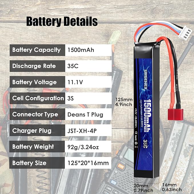 URGENEX Airsoft Battery 11.1V 1500mAh 35C High Discharge Rate Lipo Pack with Deans T Plug